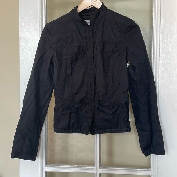 Tahari women’s black long sleeve motorcycle jacket front button collarless - Picture 2 of 12